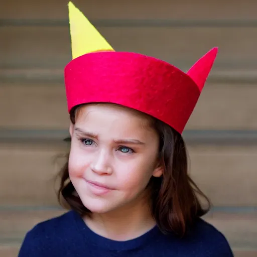 Prompt: a hat made of felt that looks exactly like a crown, with the points upward