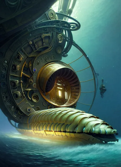 Image similar to epic concept illustration, highly detailed, intricate mechanical design, hard science concept art, underwater nautilus submarine being prepared for launch, by greg rutkowski and alphonse mucha. uhd, cinematic lighting, amazing depth, cinematography by 2 0 1 7