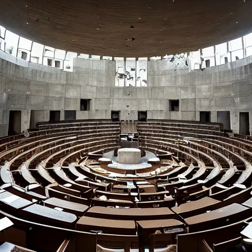 Prompt: interior of the israeli parliament in ruins, post - apocalyptic, high quality, concept art