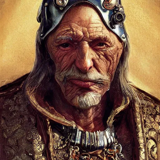 Image similar to portrait, headshot, digital painting, of a old 17th century, old cyborg merchant, amber jewels, baroque, ornate clothing, scifi, realistic, hyperdetailed, chiaroscuro, concept art, art by Franz Hals and Jon Foster