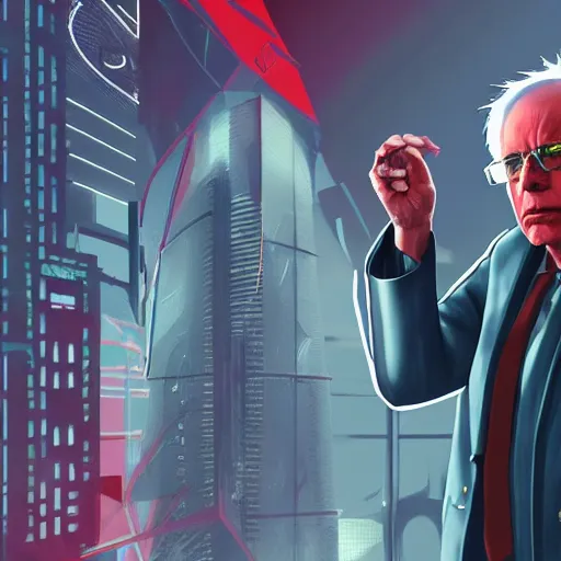 Image similar to cyberpunk bernie sanders as the leader of a futuristic communist nation, cybernetics, sharp lines, digital, artstation, colored in