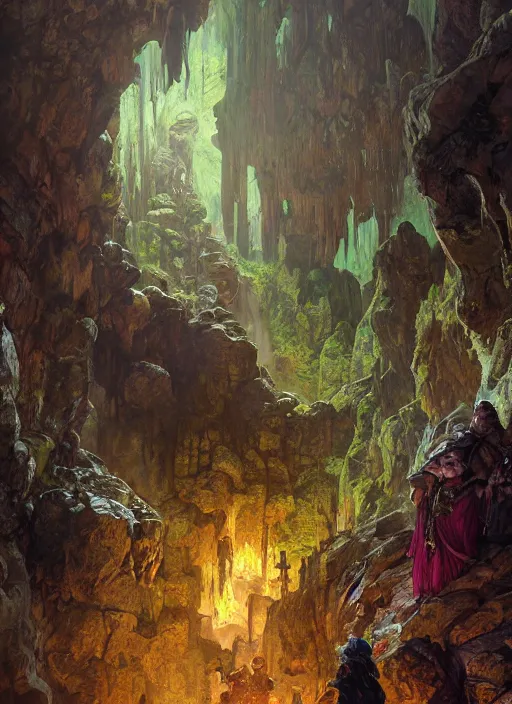 Image similar to Dwarven miner exploring deep caverns. Fantasy concept art. Epic painting by James Gurney, and Alphonso Mucha. ArtstationHQ. painting with Vivid color. (Dragon age, witcher 3, lotr)