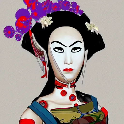 Image similar to cyborg geisha traveling to the future