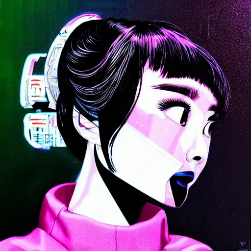 Prompt: korean audrey hepburn, detailed cyberpunk vaporwave portrait by tim doyle, acrylic