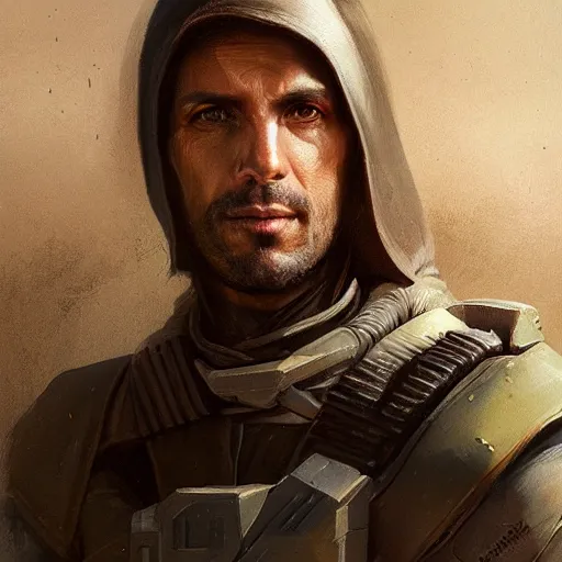 Image similar to portrait of a man by greg rutkowski, a jedi commander, arabian features and olive skin, long black hair, wise appearance, wearing the tactical gear of the galactic alliance, star wars expanded universe, he is about 4 0 years old, highly detailed portrait, digital painting, artstation, concept art, smooth, sharp foccus ilustration, artstation hq