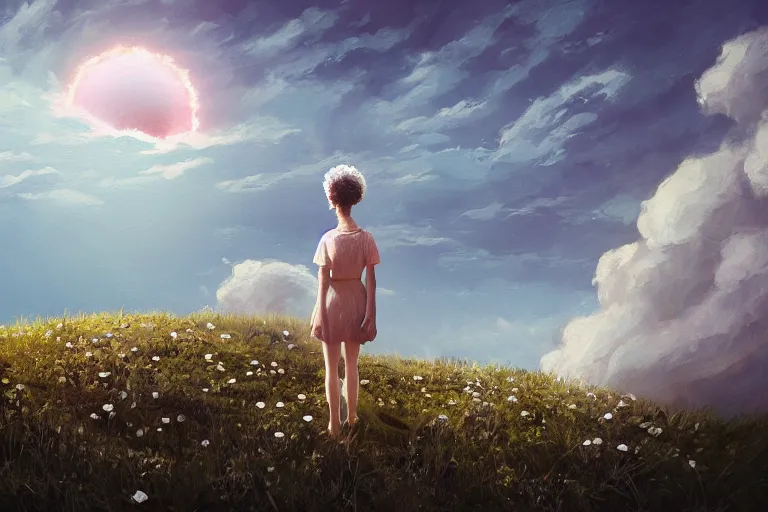 Image similar to giant white daisy flower head, girl walking on cliff, surreal photography, solar eclipse, milky way, dramatic light, impressionist painting, clouds, digital painting, artstation, simon stalenhag