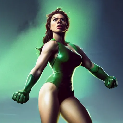 Image similar to she hulk, played by scarlett johannson, beautiful, cinematic, head and shoulders, trending on artstation, digital art, hyper realistic, striking pose, by greg rutkowski