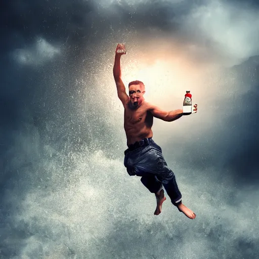 Prompt: an epic portrait of a man jumping in the while holding a bottle, highly detailed, high quality, 8k HDR, path tracing, epic image, realistic face, hyperrealistic, badass pose, digital art, five fingers, anatomically correct, dramatic lighting, studio quality, profile photo