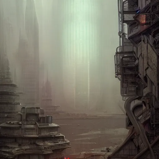 Image similar to abandoned retro sci-fi city foggy rainy futuristic digital painting, artstation, concept art, soft light, hdri, smooth, sharp focus, illustration, fantasy, intricate, elegant, highly detailed, D&D, matte painting, in the style of Greg Rutkowski and Alphonse Mucha and artemisia, 8k, highly detailed, jurgens, rutkowski, bouguereau, pastoral, rustic, georgic