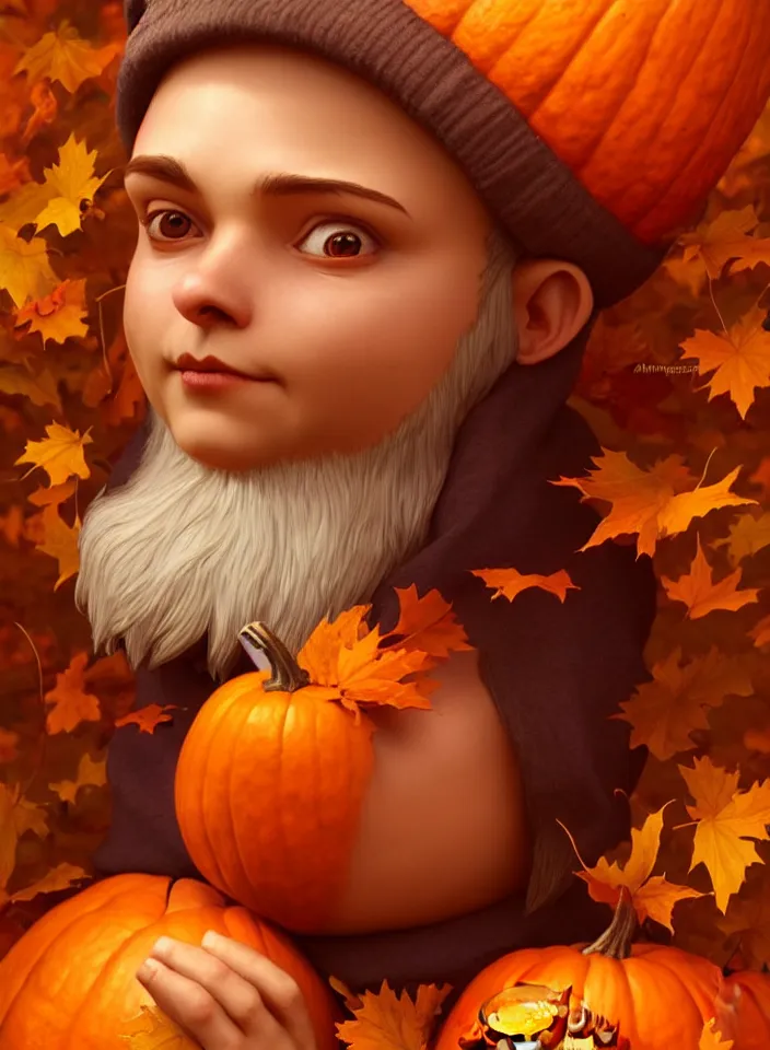 Image similar to hand drawn cute one gnomes face in autumn disguise holding pumpkin, detailed closeup face, concept art, low angle, high detail, warm lighting, volumetric, godrays, vivid, beautiful, trending on artstation, art by artgerm and greg rutkowski and alphonse mucha