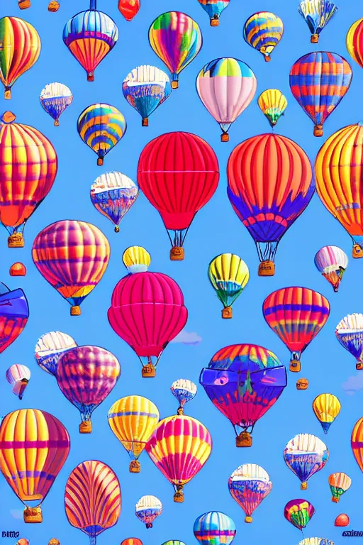 Image similar to seamless pattern of hot air balloons in beautiful sky, colourful, symmetrical, repeating 35mm photography, ultra fine detail, 4k high definition, bold