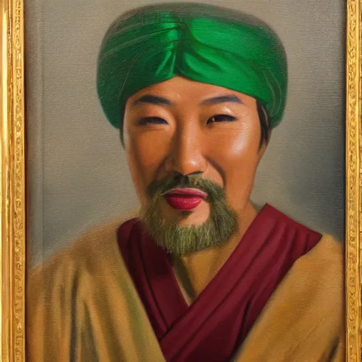 Image similar to An oil painting of a handsome Asian man in a green turban looking wickedly at the viewer with the hilt of a Japanese samurai sword in his teeth.