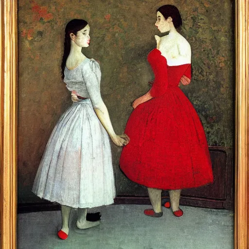 Prompt: painting by Balthus, three women, red and white flowers, dresses, feminine