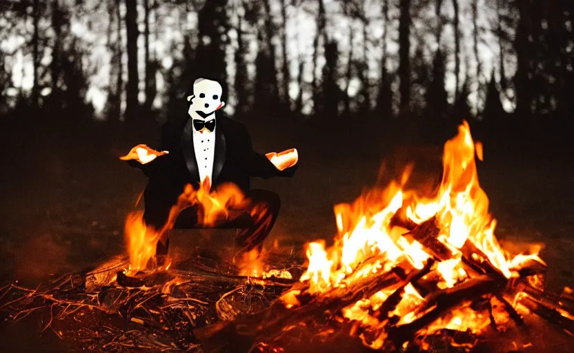 Image similar to a man wearing a tuxedo sitting in the middle of a bonfire, no face