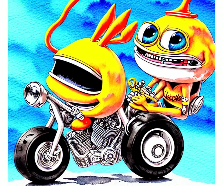 Prompt: cute and funny, pepe smiling wearing a helmet riding in a tiny hot rod harley with oversized engine, ratfink style by ed roth, centered award winning watercolor pen illustration, isometric illustration by chihiro iwasaki, edited by range murata, details by artgerm