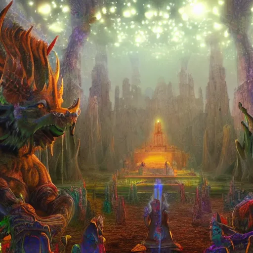 Image similar to a biggest temple of the universe in the magical world, magical creatures worshipping their god, sharp image , photo realistic, foggy ,hyperreal, hyperdetailed, 8k , glowing effect