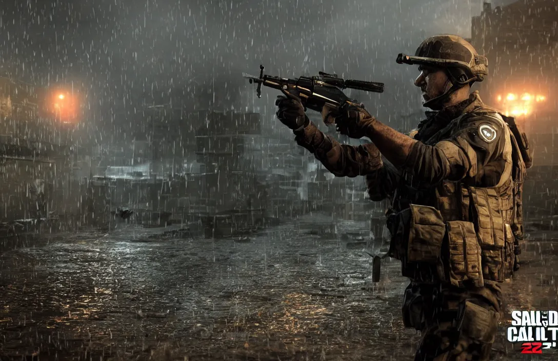 Prompt: still next - gen ps 5 game call of duty warzone 2 0 2 4 remaster, graphics mods, heavy rain at night, england, rtx reflections, english countryside, photorealistic screenshot, extremely detailed, ak - 4 7, unreal engine, 4 k, 5 0 mm bokeh, close - up hummer h 1, call of duty remastered, artstation