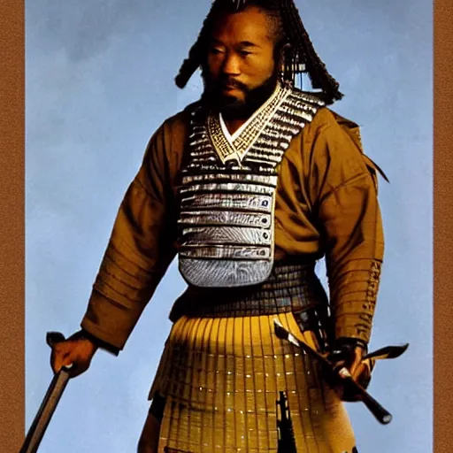 Prompt: Photo of an Asian-African samurai carrying a sword, wearing a futuristic outfit