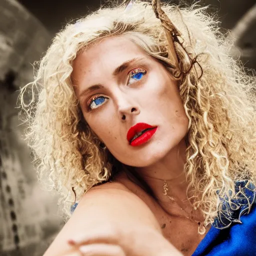 Image similar to a blonde woman leaning over the railing of a ship, a beautiful english woman with a long face narrow nose pale skin blue eyes red lips and wild messy tangles of curly white blonde hair, high resolution film still wearing a black robe and skull necklace and holding a spear, sandy, a journey to the west