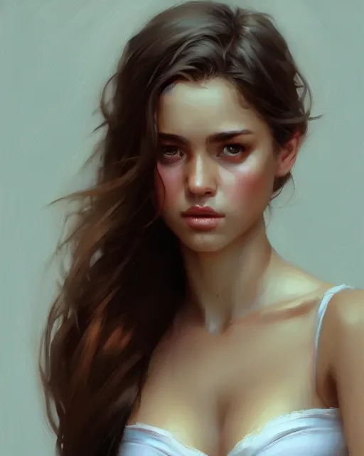 Prompt: a beautiful girl with white bra portrait | | realistic shaded, unpleasant face, bad looking, fine details, realistic shaded lighting poster by greg rutkowski, magali villeneuve, artgerm, jeremy lipkin and michael garmash and rob rey