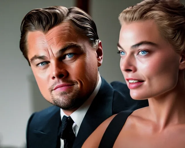 Image similar to leonardo dicaprio as the wolf of wall street next to margot robbie as naomi from the wolf of wall street in a helicopter, hyper realistic faces, beautiful eyes, cinematic, long shot, hyper detailed, 8 5 mm photograph, 8 k resolution, film still, sharp lens, wide lens