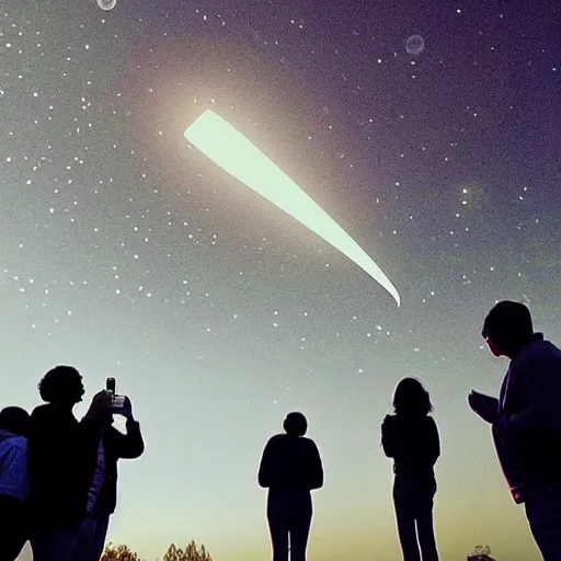 Prompt: a group of people looking at a ufo in the sky, shot on an iphone 1 3