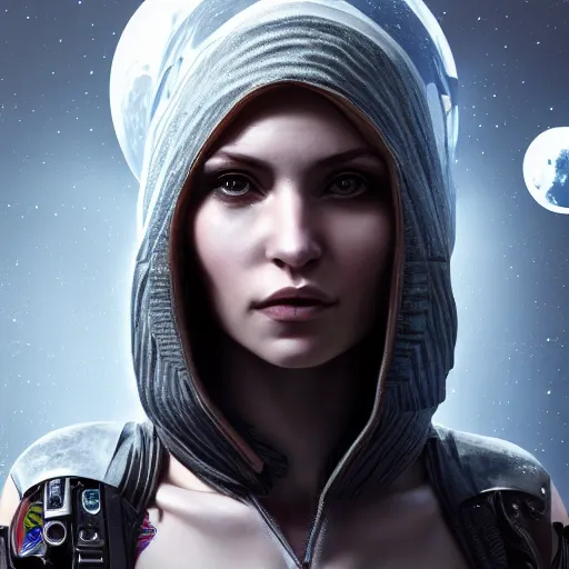 Prompt: centered realistic detailed portrait of beautiful aloof space bounty hunter woman, identical gazing eyes, 4k, cgsociety