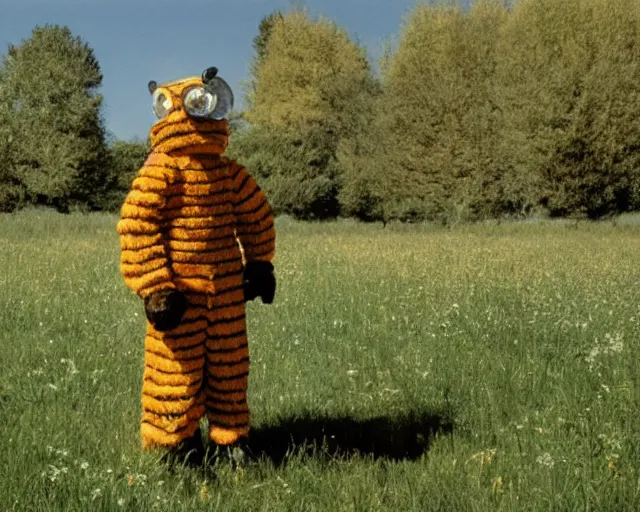 Image similar to William Dafoe in the bee costume on the sunny meadow with clear sky, film still, high detail