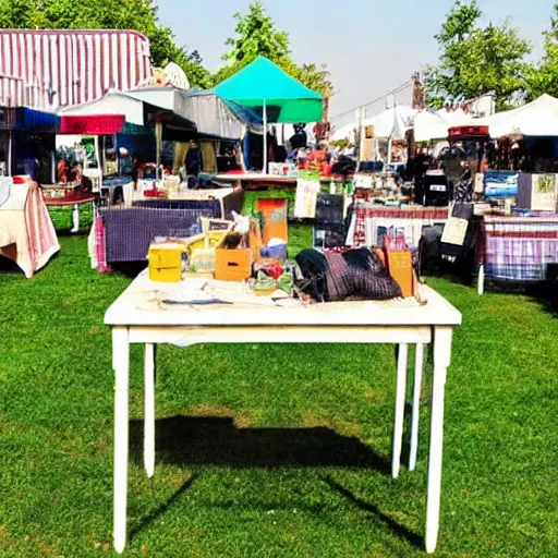 Prompt: outdoor flea market, table's setup on grass, real photo