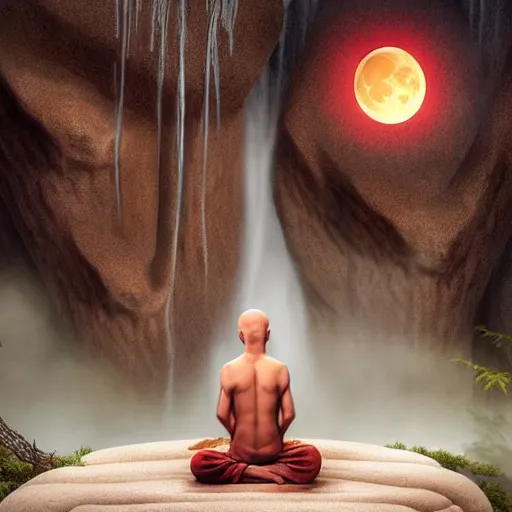 Image similar to an anthromorphic wolf dressed like a shaolin monk meditating in a zen garden with a waterfall under the blood moon, by Adi granov and afarin sajedi and amanda sage and evgeni gordiets and Agostino Arrivabene and adonna khare in a psychedelic portrait style, ultrarealistic matte painting, volumetric lighting, fractal, extremely symmetrical, highly detailed face, orisha, 8k, hd