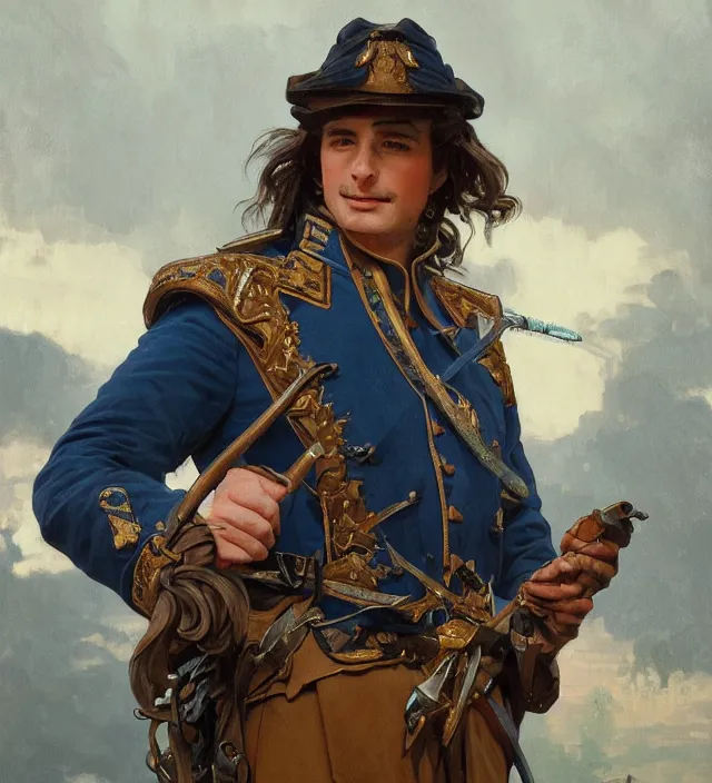 Image similar to candid portrait of a man with brown wavy hair and glowing blue eyes, surrounded by blue aura, wearing a blue traditional colonial military jacket, intricate, holding a spear, highly detailed, digital painting, artstation, concept art, sharp focus, cinematic lighting, illustration, art by artgerm and greg rutkowski, alphonse mucha, cgsociety