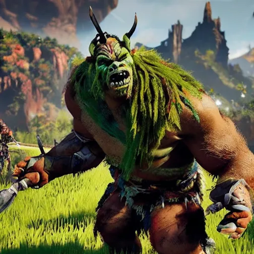 Image similar to gameplay of a orc brute bleeding in the style of horizon zero dawn