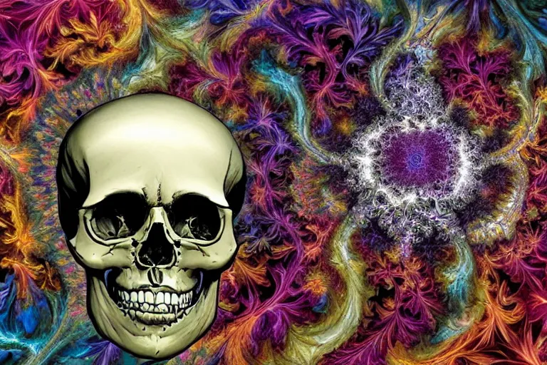 Image similar to an epic fantastic realism comic book style painting of datura flowers and a fractal skull within a fractal within a fractal within a fractal within a fractal all contained in a human skull and complimented with the most beautiful datura flowers, dynamic lighting, datura, angel's trumpet, allegory of death