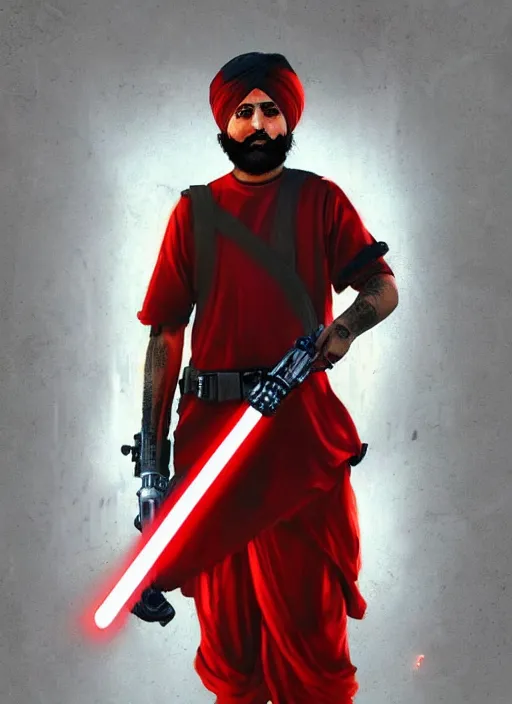 Prompt: Photo of Sidhu moosewala with a red light saber, Star Wars concept art, trending on artstation, dramatic lighting, photo-realistic