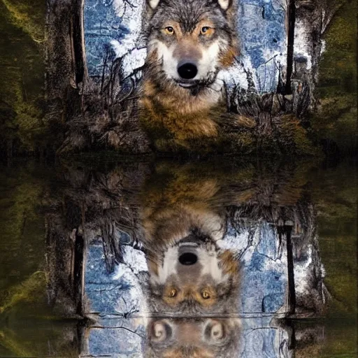 Prompt: a wolf looks at his reflection in a pond and sees a human face instead of himself, pov is behind the wolf, New Realism