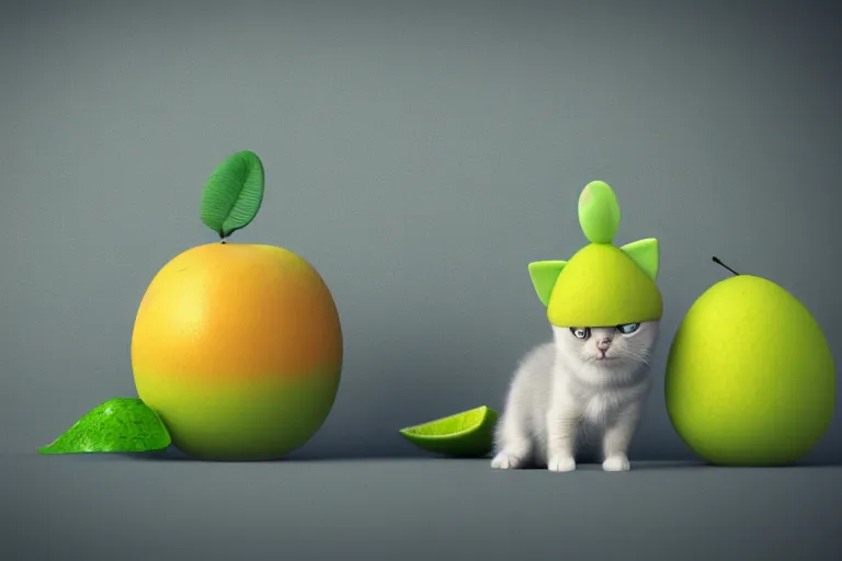 Image similar to a cute cat as mango fruit, misty, glows, blender render, hazy, foggy, green lighting,