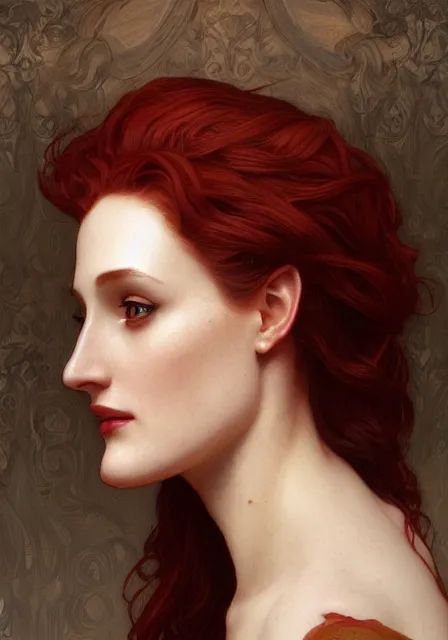 Image similar to sansa angeline jolie gessica chastain vampire teeth, intricate, elegant, highly detailed, digital painting, artstation, concept art, smooth, sharp focus, illustration, art by artgerm and greg rutkowski and alphonse mucha and william - adolphe bouguereau