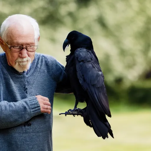 Image similar to an elderly man holding a raven, canon eos r 3, f / 1. 4, iso 2 0 0, 1 / 1 6 0 s, 8 k, raw, unedited, symmetrical balance, in - frame