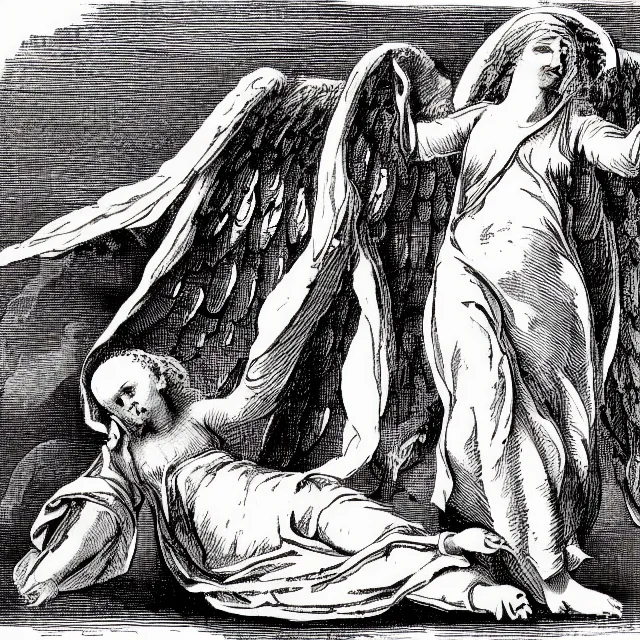 Image similar to autopsy dissection of an angel, 18th century illustration, black and white, concept art
