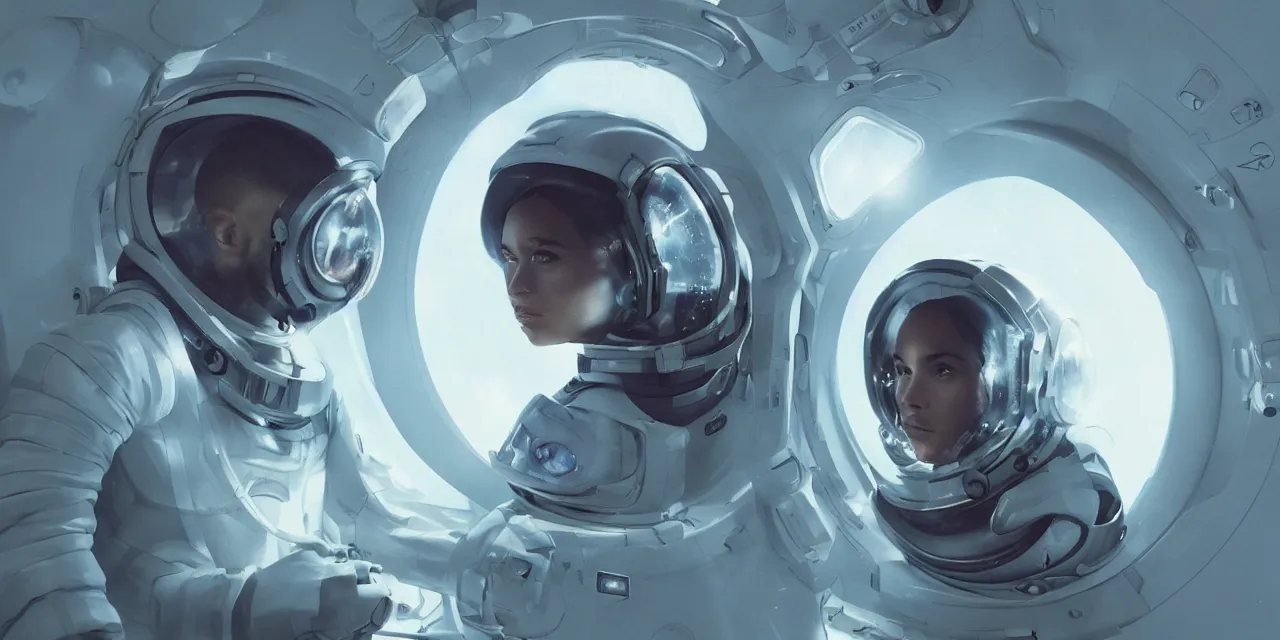 Image similar to Zoe Kravitz futuristic astronaut, inside large window of ship, spacesuit with small led lights, underwater in the ocean at night, clear water, bubbles, volumetric lighting, glowing lights, 4k, octane, digital painting, artstation, concept art, sharp focus, illustration, high contrast, high saturation , cinematic film still, art by artgerm and greg rutkowski and alphonse mucha , wide angle view,