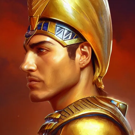 Image similar to egyptian warrior, steve toussaint, portrait, headshot, D&D, fantasy, highly detailed, digital painting, artstation, concept art, sharp focus, illustration, art by artgerm and greg rutkowski and alphonse mucha