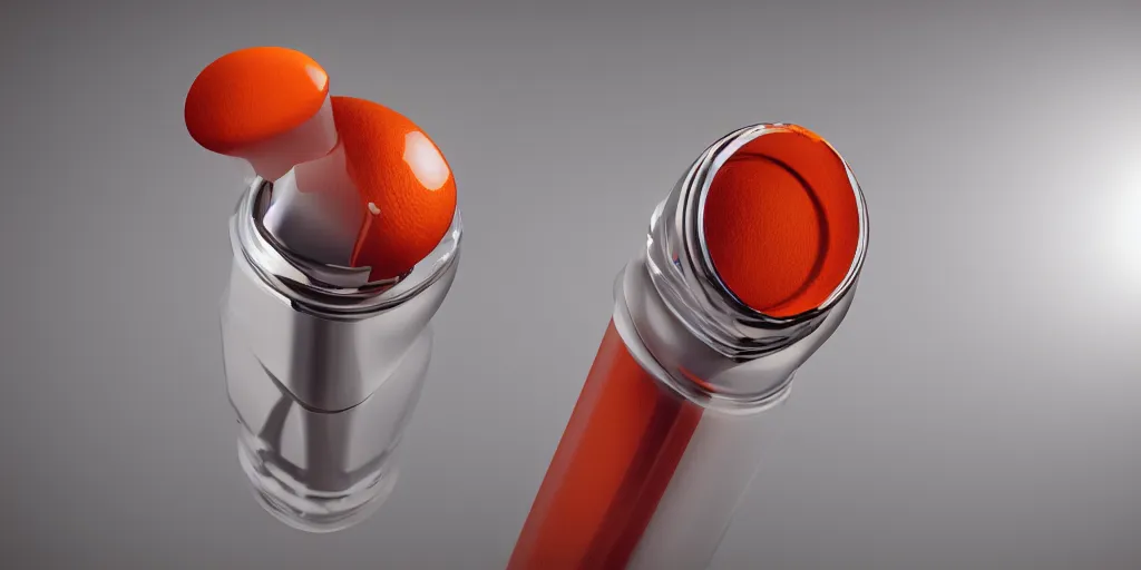 Image similar to product photography ideas for a orange lipstick from modesk, unreal 5, hyperrealistic, realistic, photorealistic, dynamic lighting, highly detailed, cinematic landscape, studio landscape, studio lighting, 1 0 0 mm