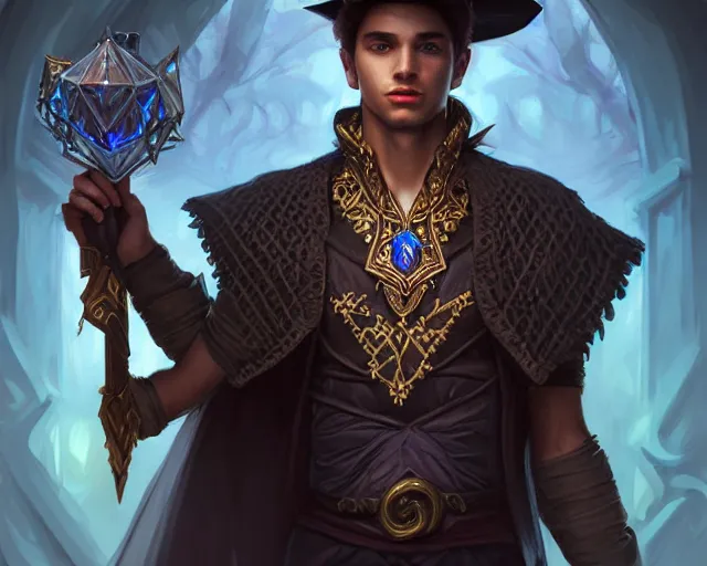 Prompt: a mind - blowing portrait of a young shadow mage male, wearing a vest with diamond pattern, wearing a wizard hat, joyful, d & d, fantasy, intricate, elegant, highly detailed, digital painting, artstation, concept art, matte, sharp, illustration, hearthstone, art by artgerm and greg rutkowski and alphonse mucha