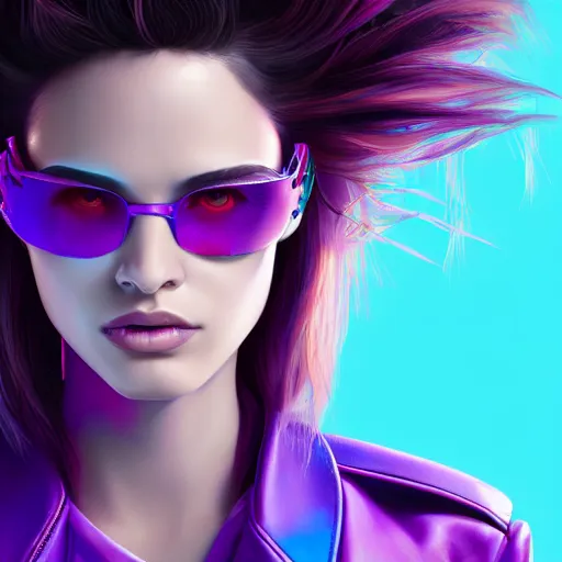 Image similar to closeup painting of a very beautiful young mexican cyberpunk woman with a smirk, wearing light blue venetian blind shades and a purple coloured leather jacket, one side haircut, long brown hair with light blue ends, portrait, hyperdetailed, artstation, cgsociety, 8 k, synthwave image