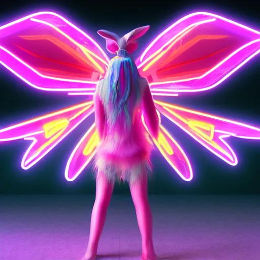 Image similar to neon fluorescent, iridescent cute bunny rabbits with fairy wings cyperpunk 2 0 7 7, unreal engine 5, 8 k ultra realistic, hyperdetailed, volumetric lighting, extremely high quality