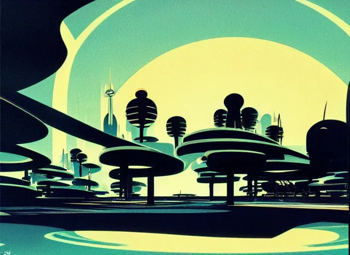 Image similar to ground view of a utopia future city. style by syd mead and eyvind earle.