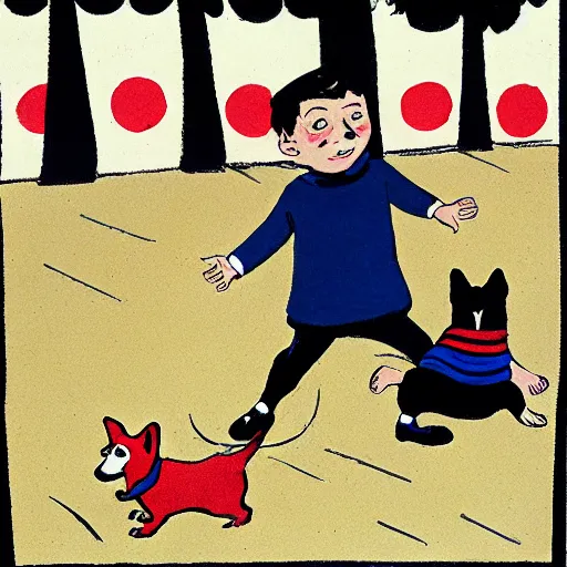 Image similar to book illustration of a french boy on the streets of paris playing football against a corgi, the dog is wearing a polka dot scarf, 1 9 6 6