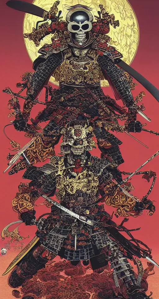 Image similar to portrait of a crazy skeletor samurai with japanese armor and helmet, by yoichi hatakenaka, masamune shirow, josan gonzales and dan mumford, ayami kojima, takato yamamoto, barclay shaw, karol bak, yukito kishiro