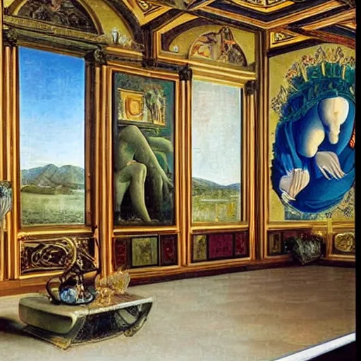 Image similar to giant mansion room with walls filled with modern art paintings, doors that are cosmic portals, painting by Botticelli