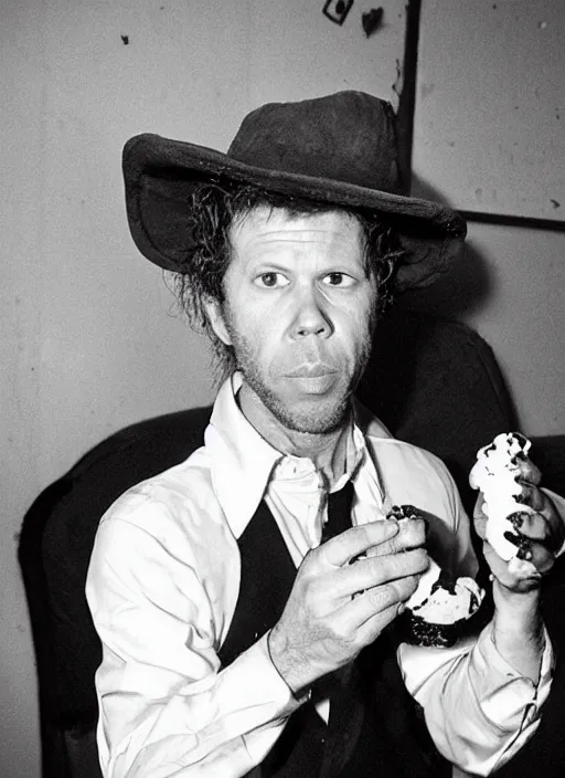 Prompt: Tom Waits eating ice cream pizza , photograph
